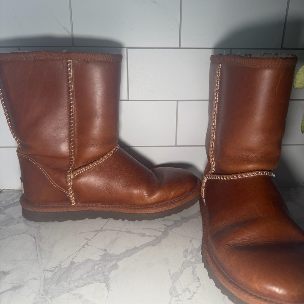 UGG Chestnut Brown Leather Mid-Calf Boots with Whipstitch - Picture 6 of 10